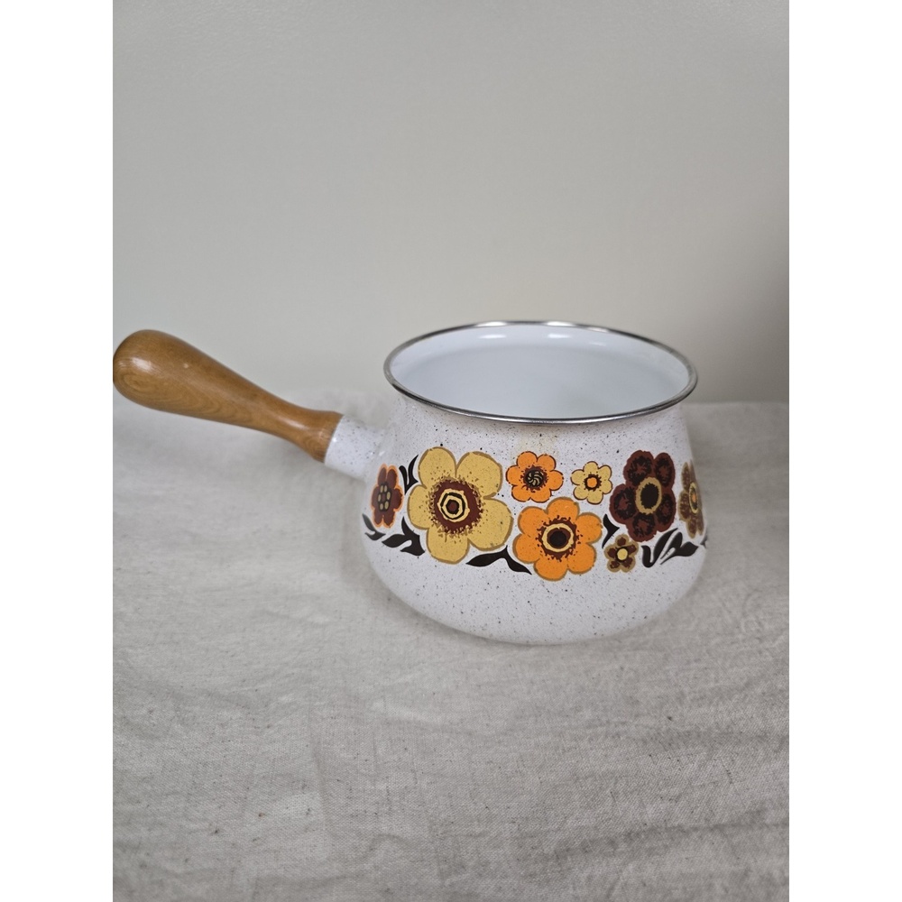 Vintage Orange White Floral Fondue Pot Mid Century 1960s Made In Japan